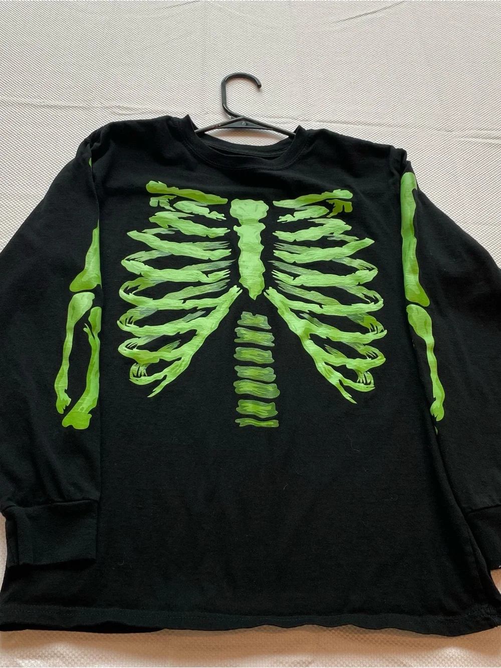 Kids Halloween Black Long-Sleeve Tee with Neon Green Skeleton Print